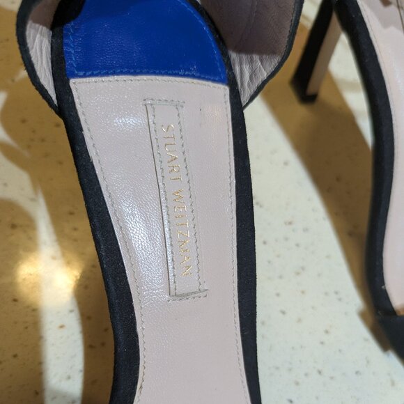 Stuart Weitzman Squarenudist Black Suede Heel Sandal With Ankle Strap Size 7 - Picture 5 of 14